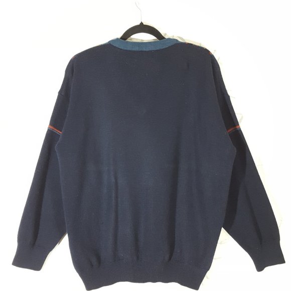 Kilspindie of Scotland VTG Navy Wool Blend Geometric Knit V-Neck Sweater - Picture 3 of 4